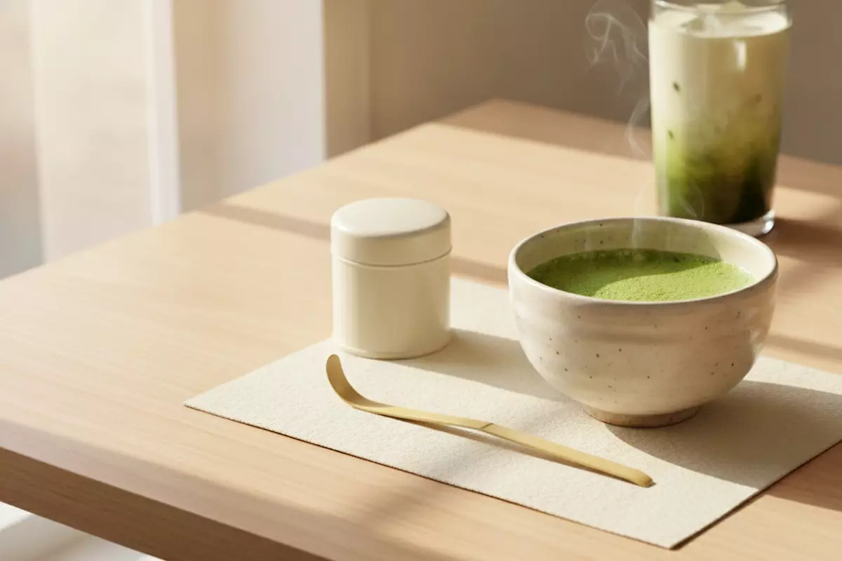 Eine Schale aufgeschlagener Matcha neben Bambuslöffel und Teedose, dahinter ein Glas Matcha Latte