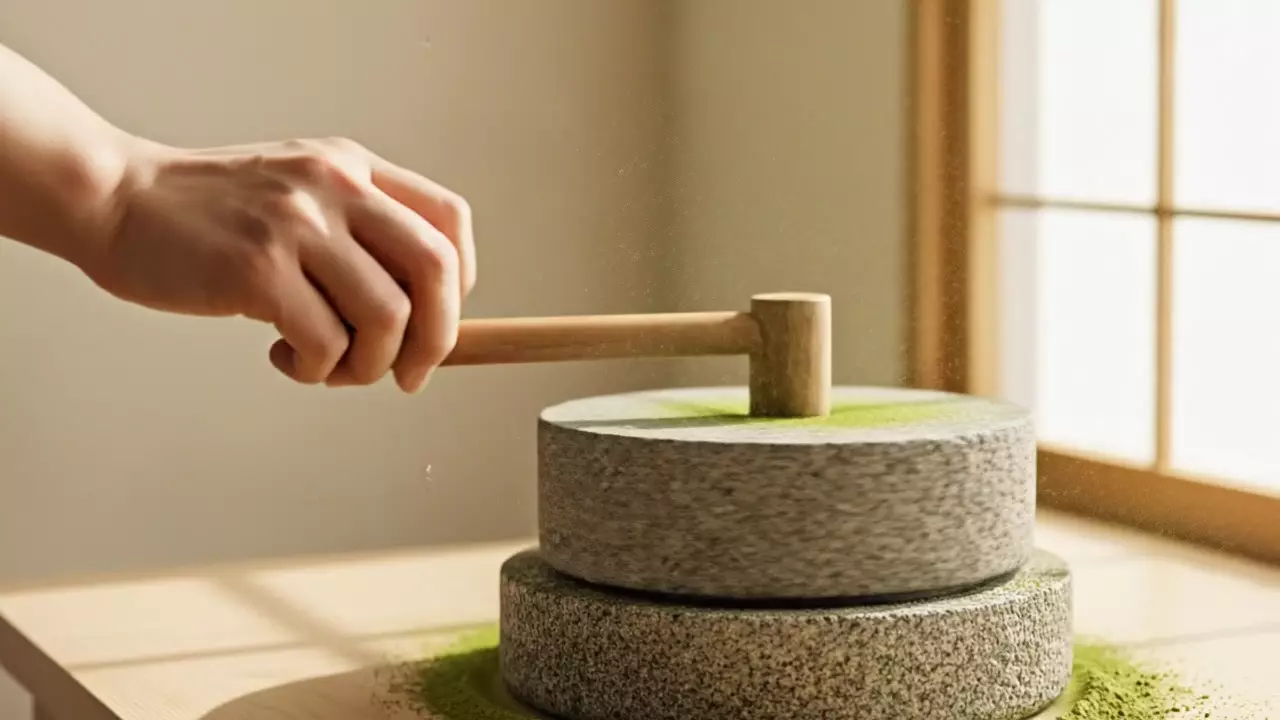 Eine Steinmühle aus grauem Granit mit Holzgriff, um ihren Fuß ein feiner Ring aus leuchtend grünem Matcha-Pulver