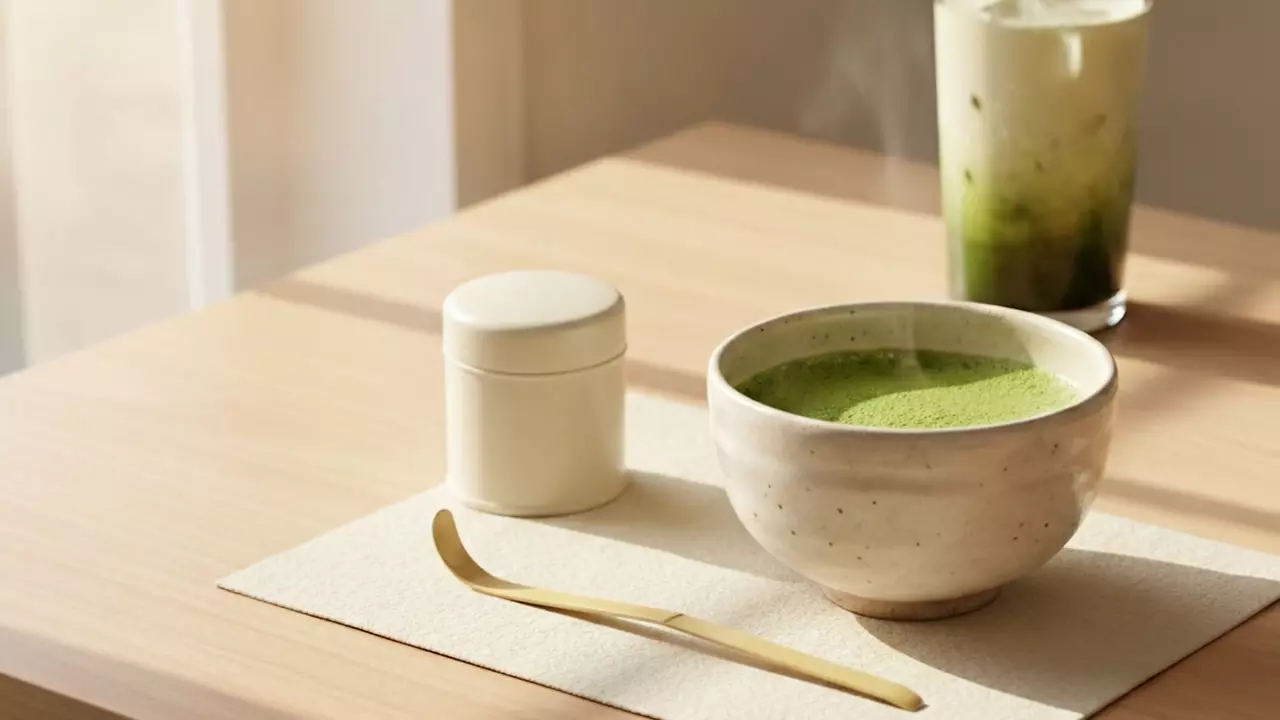 Eine Schale frisch aufgeschlagener Matcha auf Washi-Papier neben Bambuslöffel und Teedose, dahinter ein Glas Matcha Latte im Morgenlicht